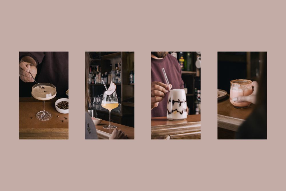 Vier verschiedene Cocktailgläser auf Bar-Theken, jeweils mit unterschiedlichen Drinks und Zutaten, Hände reichen ins Bild, Hintergrund jeweils Barambiente.