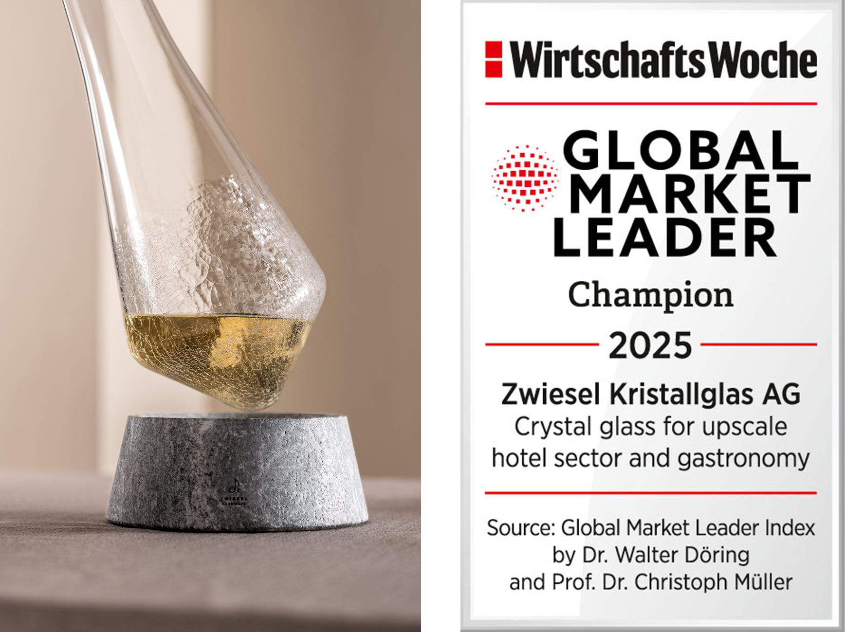 Left: Decanter with stone base. Right: Award stating Zwiesel Glas is Global Market Leader 2025 for premium crystal glass in gastronomy and hospitality.