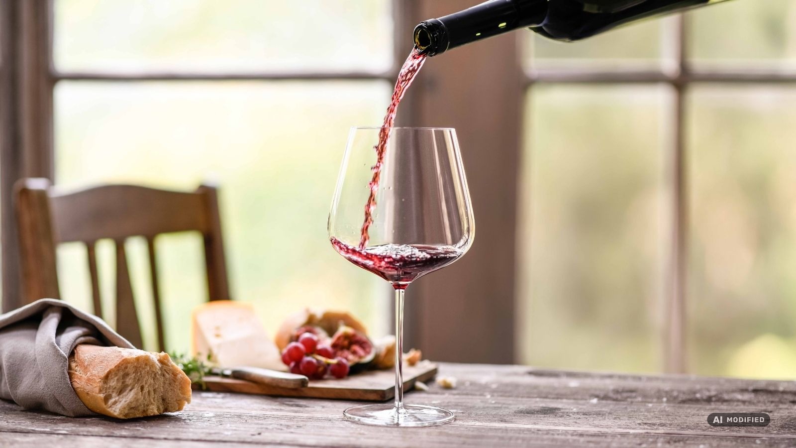 Red wine being poured from a bottle into a wine glass.