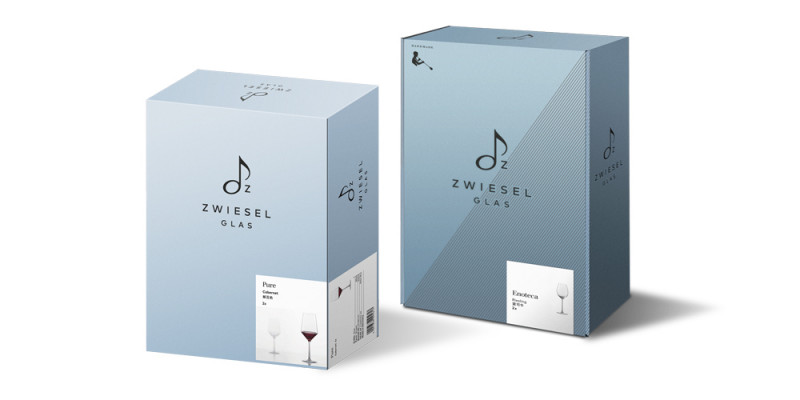 Deux boîtes de produit bleu clair et grises avec logo.