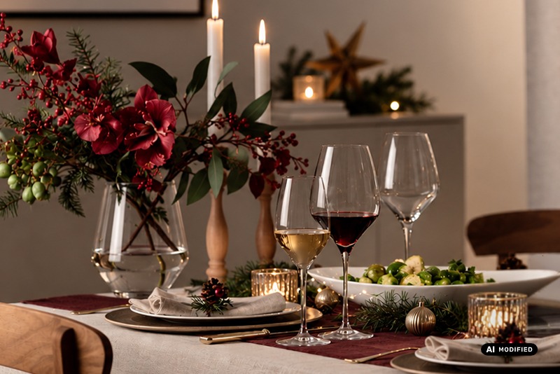 Festlich gedeckter Weihnachtstisch mit Alloro Gläsern, Kerzen, Tannengrün und roten Blumen.