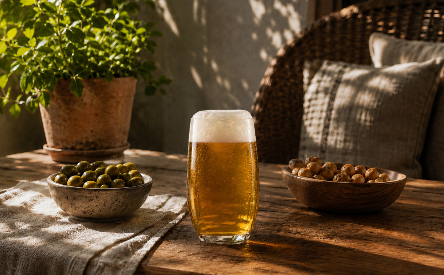 Zwiesel Glas For You beer tumbler filled with pale beer and a foamy head on a rustic wooden table outdoors.
