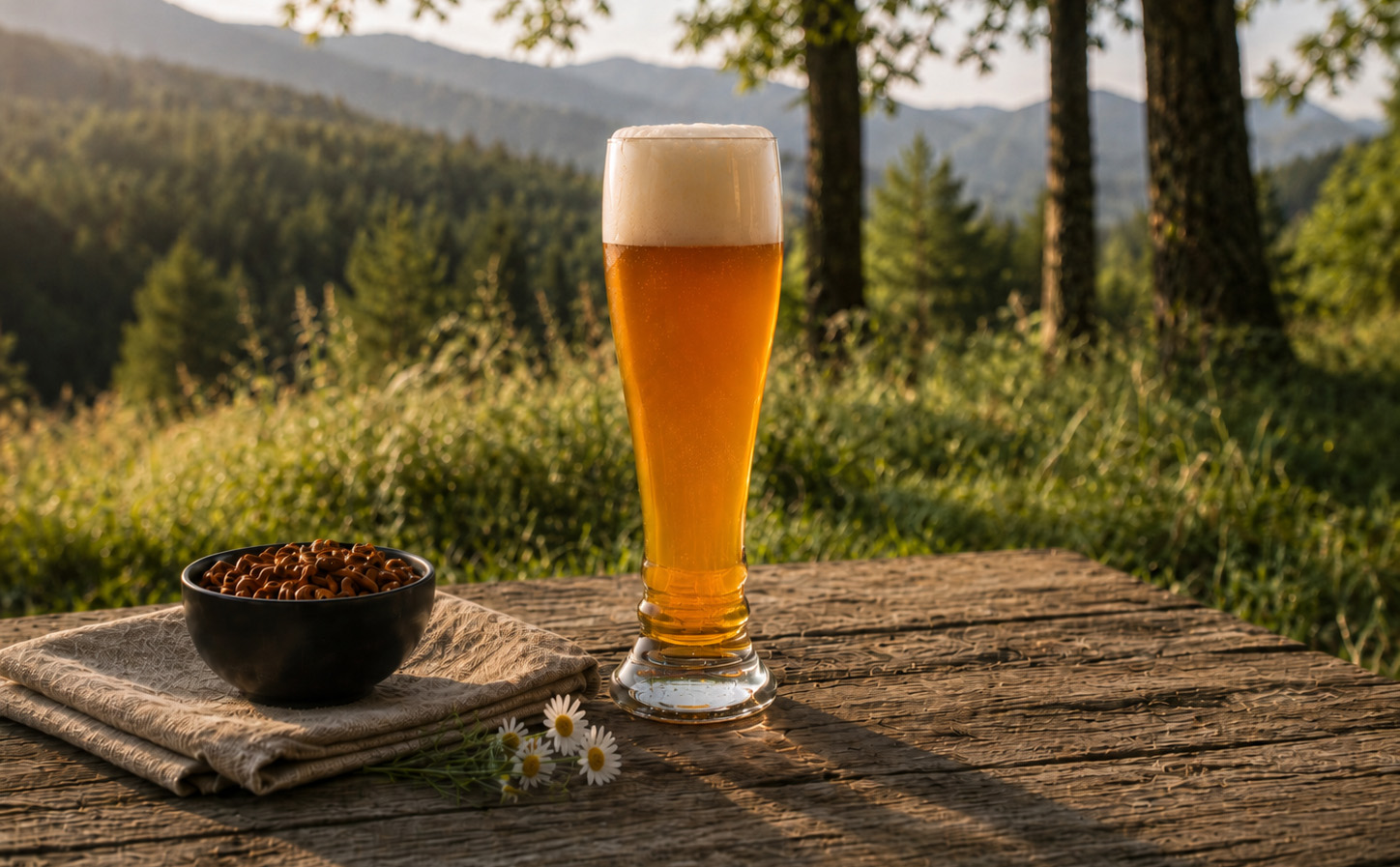Schott Zwiesel Bavarian wheat beer glass filled with pale wheat beer and a creamy foamy head on a wooden table outdoors.