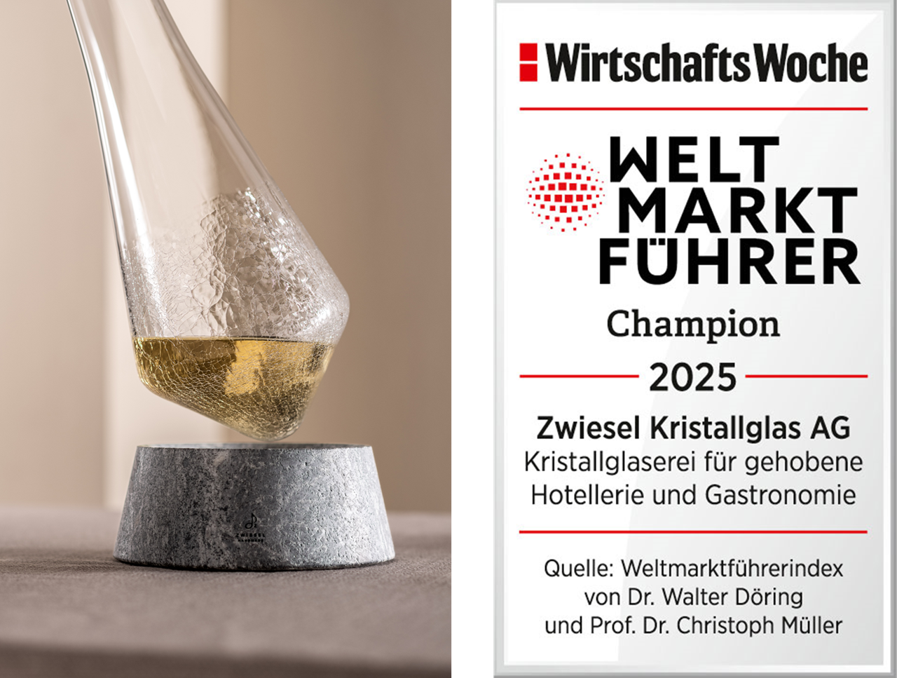 Links: Dekanter mit Steinsockel. Rechts: Auszeichnung Zwiesel Glas ist Weltmarktführer 2025 für hochwertiges Kristallglas in Gastronomie und Hotellerie.