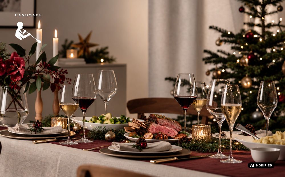 Festlich gedeckter Weihnachtstisch mit Alloro Gläsern, Kerzen, Tannengrün und roten Blumen.